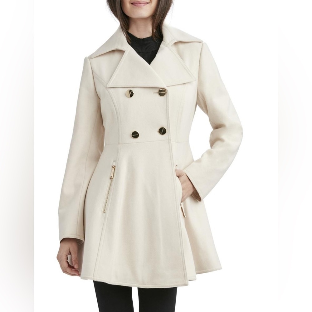 Laundry By Shelli Segal Double Breasted Fit &Flare Cream Pea Coat
